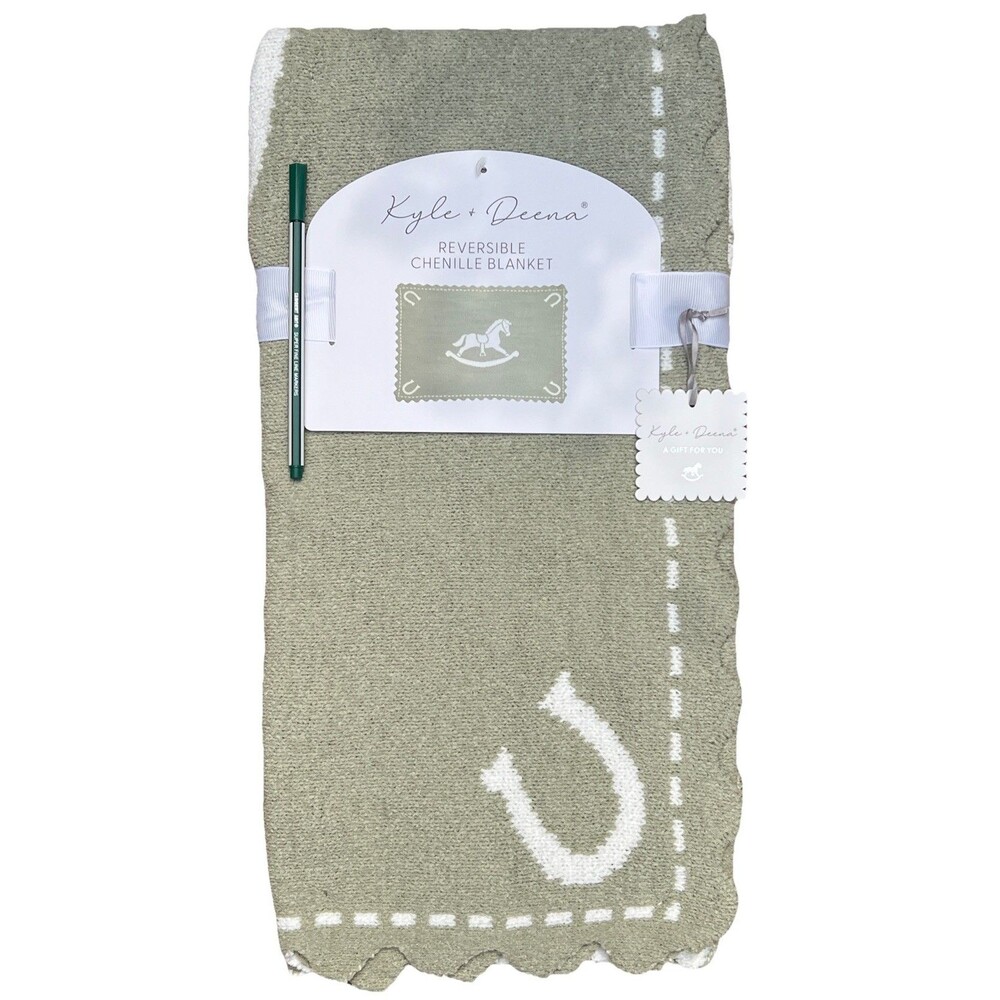 Kyle & Deena Green Rocking Horse Scalloped Edge Chenille Baby Blanket Reversible